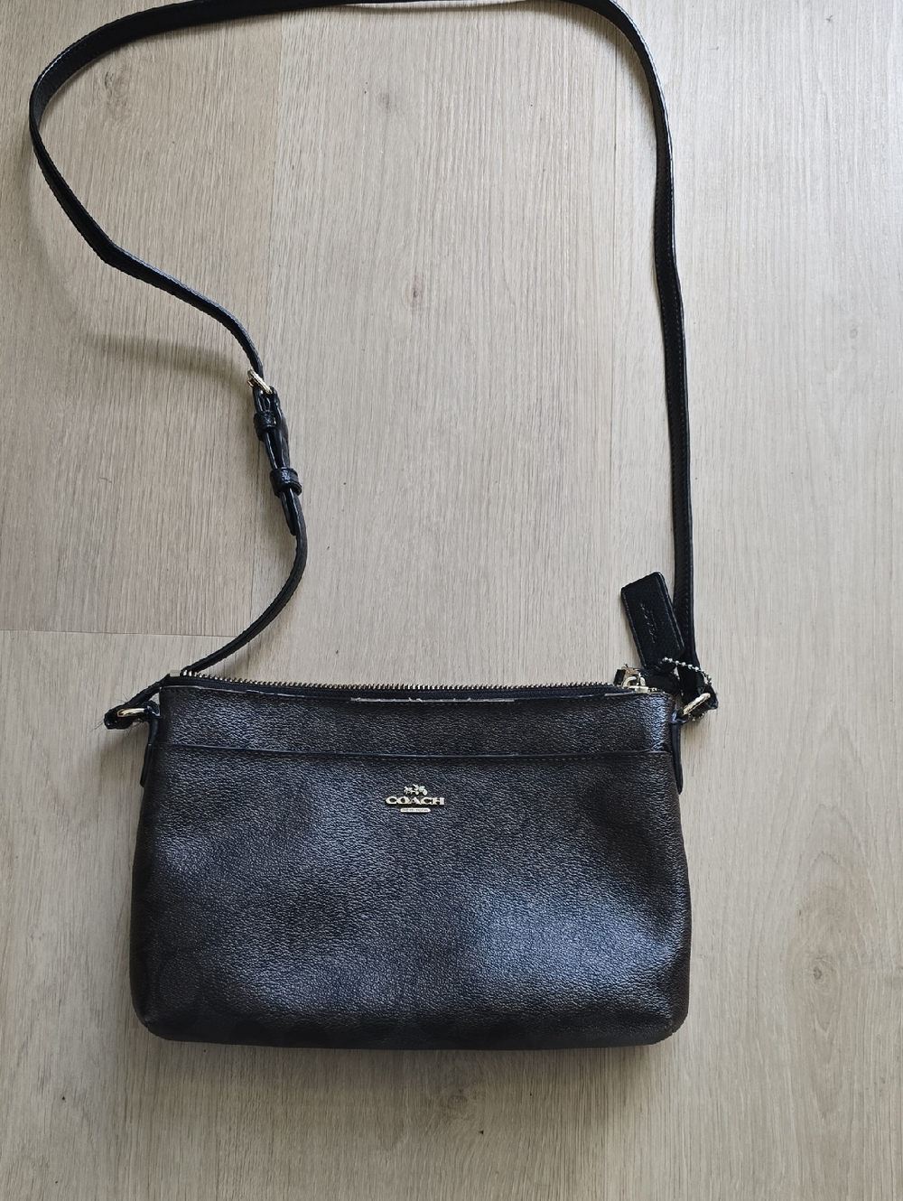 Coach Black Pebbled Leather Crossbody with Gold-Tone Logo